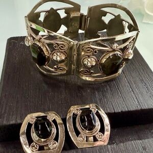 Taxco Mexico 925 Sterling Silver Onyx Bracelet Earrings Set ERLA Eagle Mark